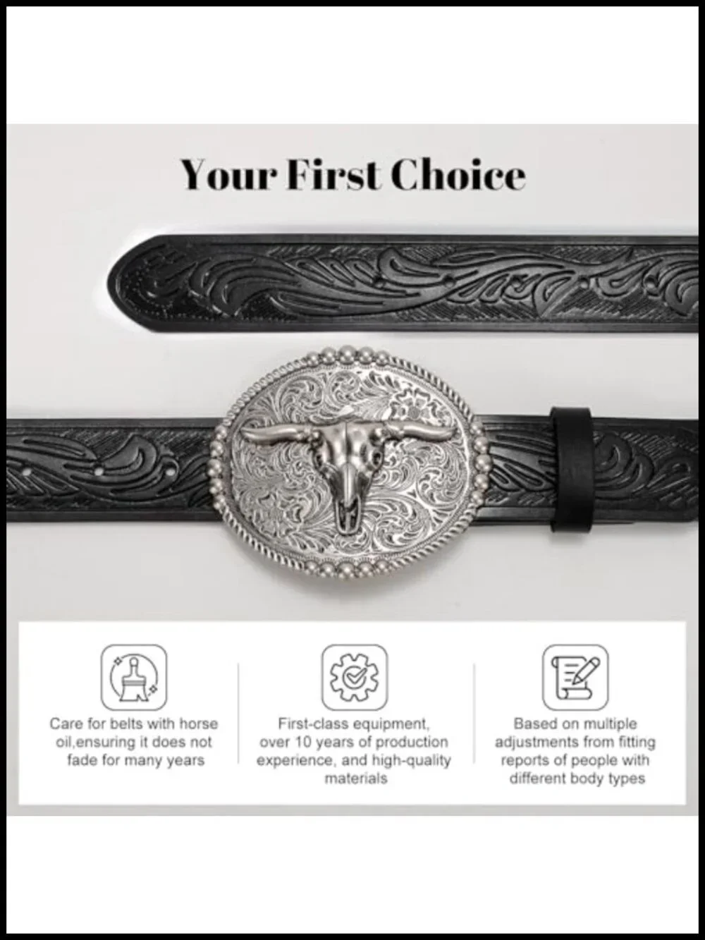 Genuine Leather Western Belt with Big Longhorn Buckle